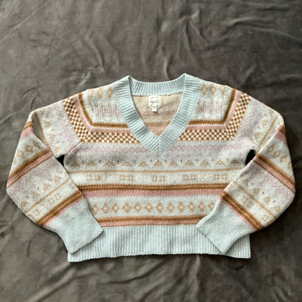 Hippie Rose - Baby Blue FairIsle Print Bubble Sleeve V- Neck Sweater Size L